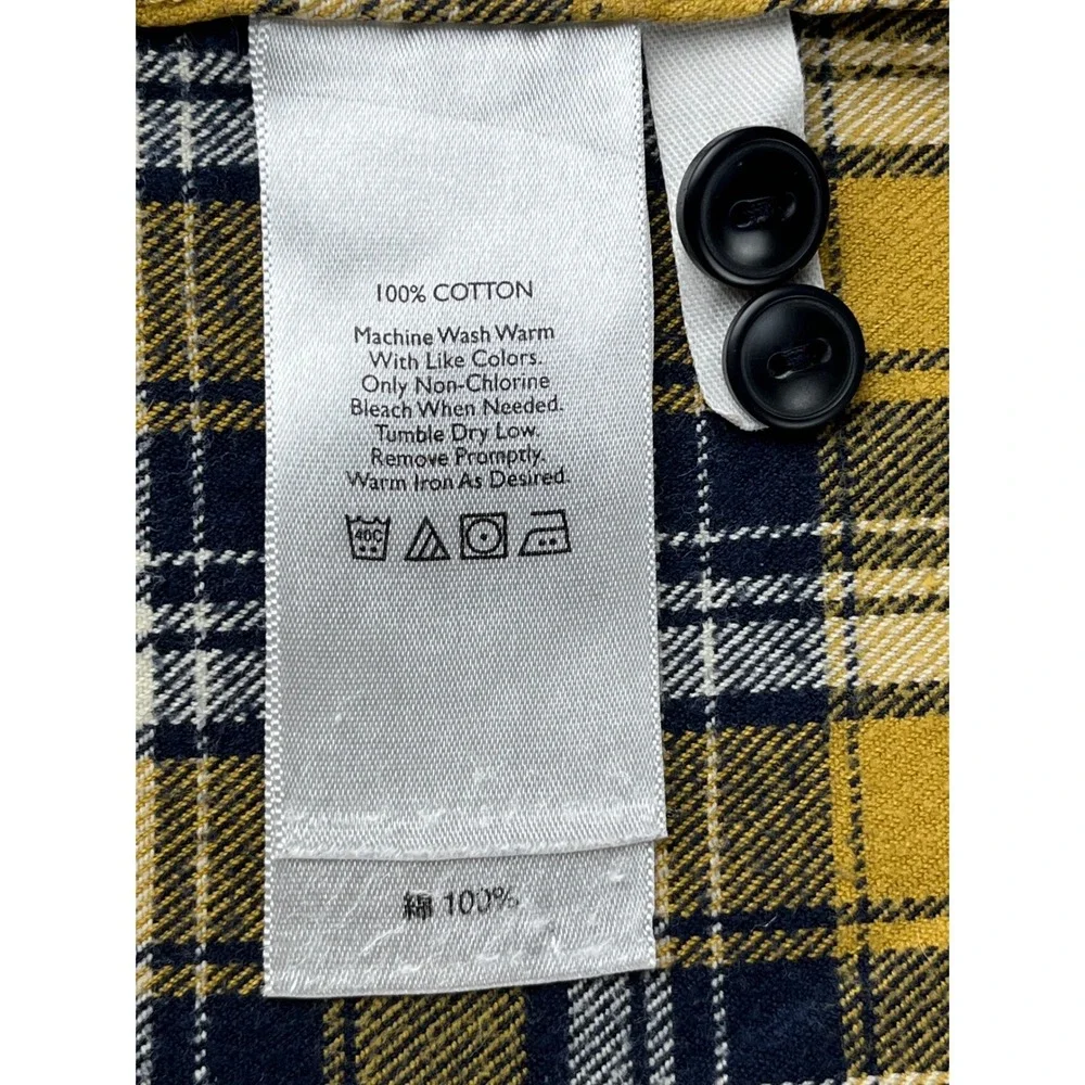 Eddie Bauer Mens Large Flannel Shirt Yellow Navy Blue Plaid Relaxed Fit HOL11